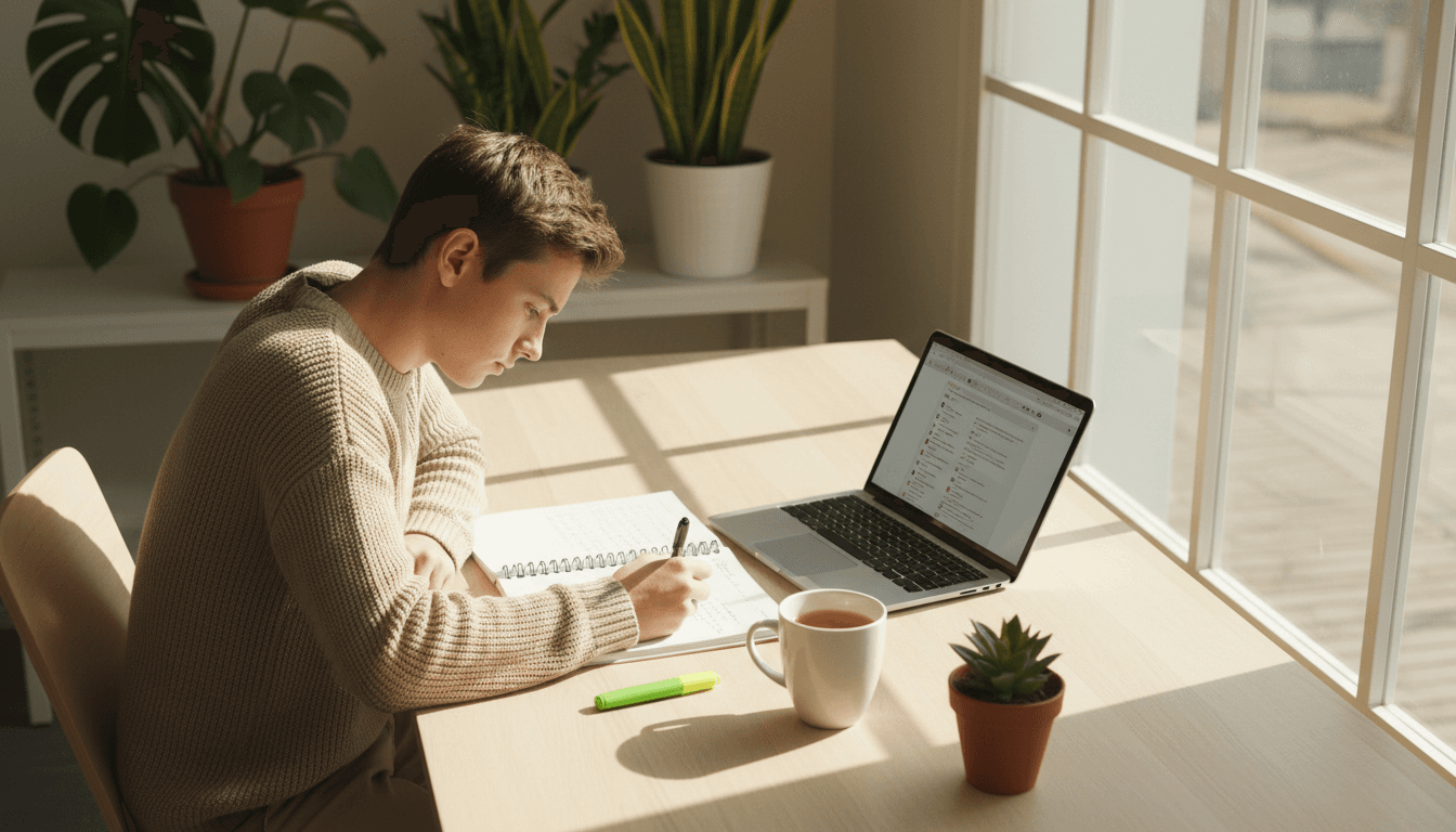 High school student studying at a bright desk with laptop and notebook