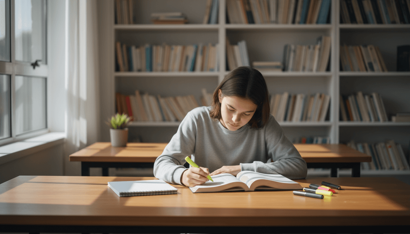 High school student studying at desk with textbook and notebook in natural daylight