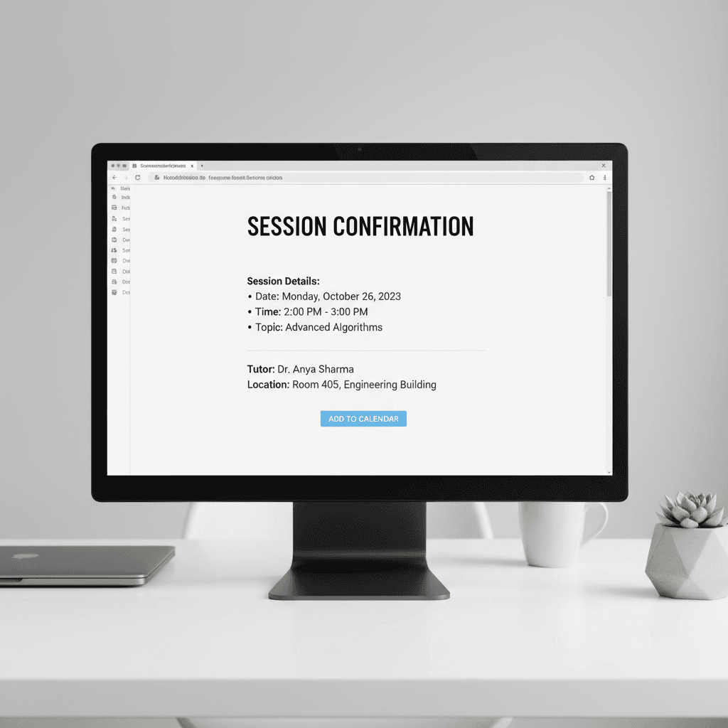Email confirmation showing tutoring session details and location