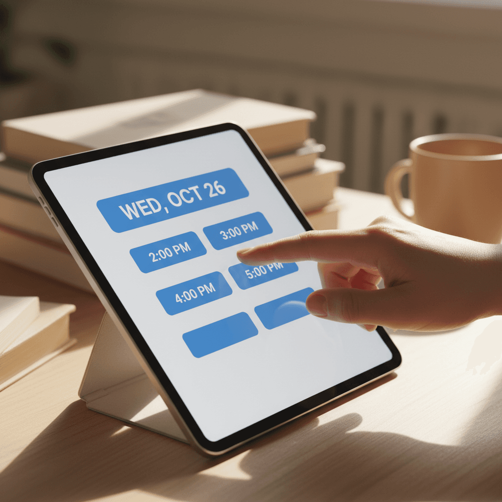 Student selecting available tutoring session time on tablet