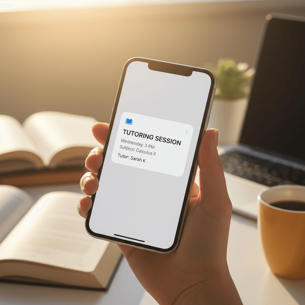 Mobile phone displaying tutoring session reminder notification